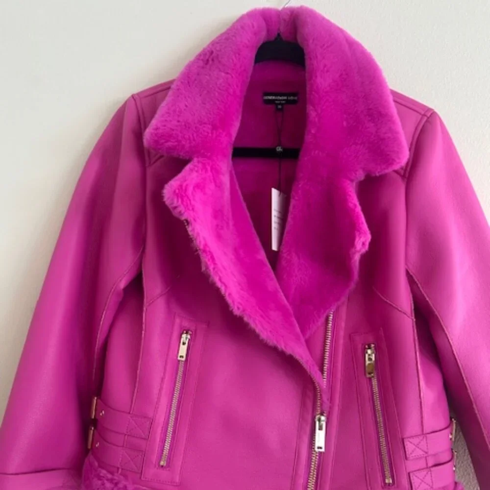 Generation Love Dion Hot Pink Faux Fur Shearling Zip Buckle Moto Jacket NWT XS - Picture 8 of 16